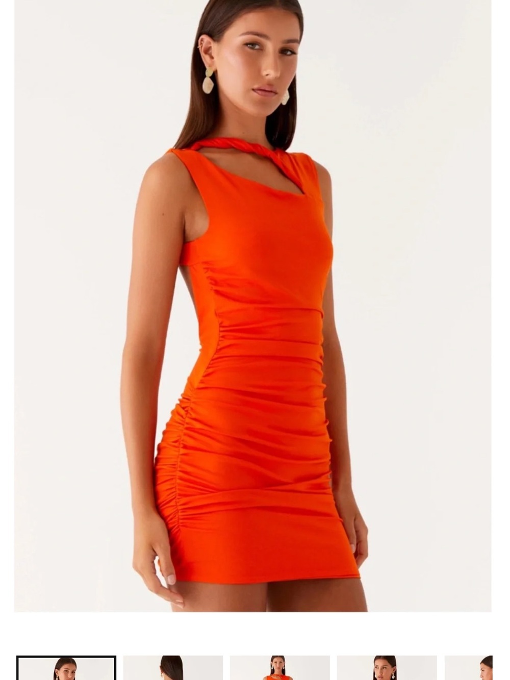 Peppermayo Secret World Orange Twisted Neck Ruched Mini Dress